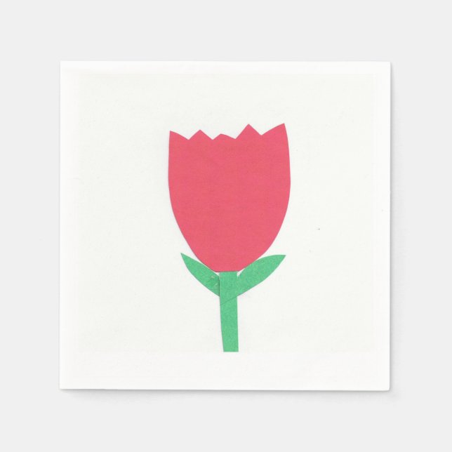 White Cocktail Napkin with a Red Tulip Design (Front)