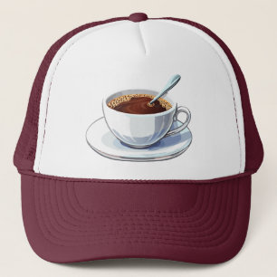 White coffee cup on a saucer filled with coffee trucker hat