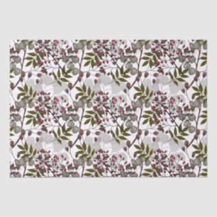 White Coin Flowers Red Berries Green Leaves  Tissue Paper