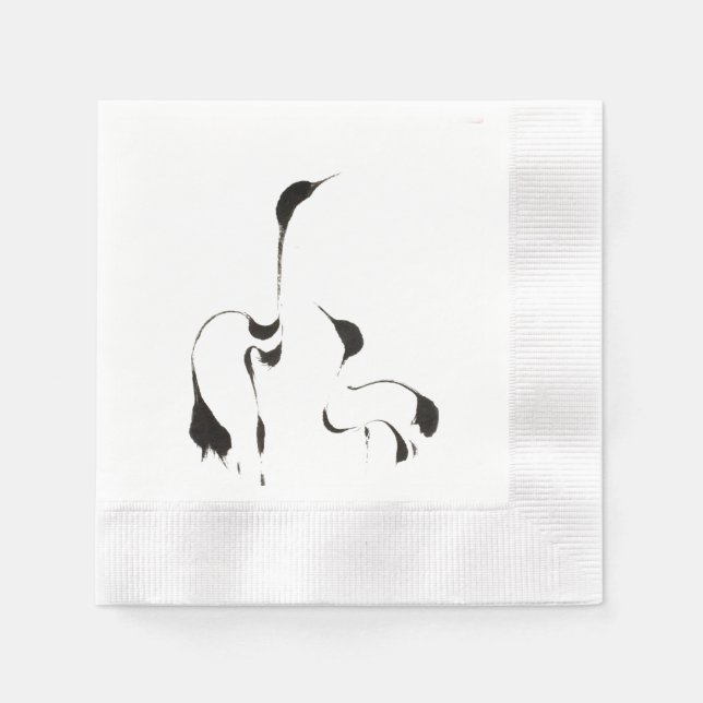 White Coined Cocktail Paper Napkins "Cranes" (Front)