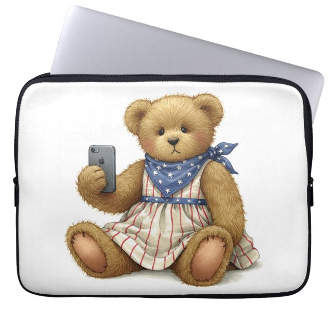 White Collection. Teddy Bear with an iPhone by Na Laptop Sleeve (Front)