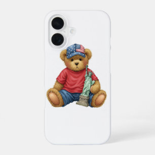 White Collection. Teddy with the Statue of Libert iPhone 16 Case