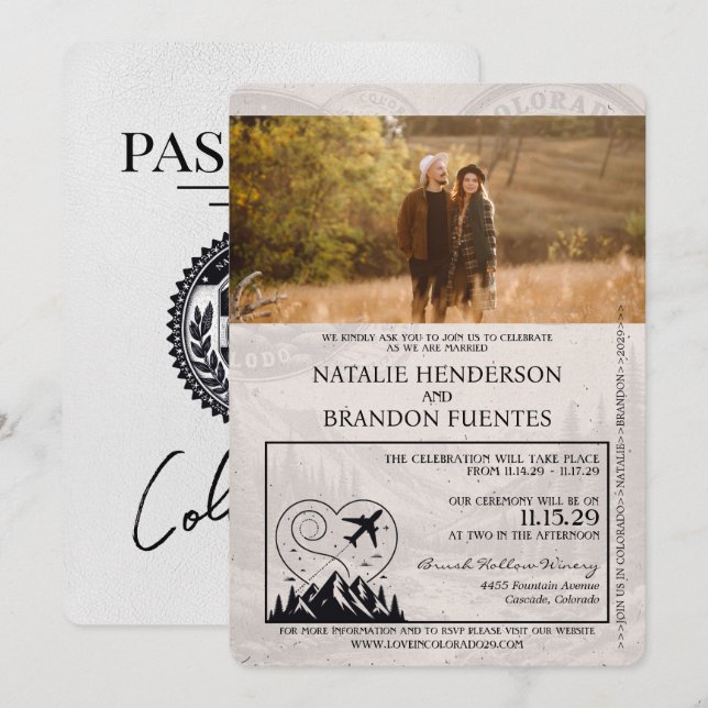 White Colorado Passport Wedding Invitation (Front/Back)