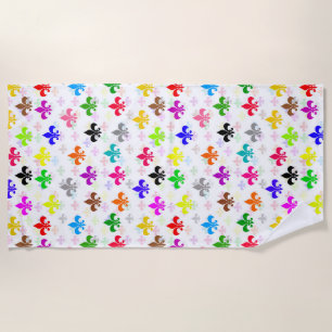 White Colourful Fleur-de-lis Pattern Design Beach Towel