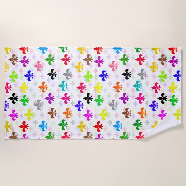 White Colourful Fleur-de-lis Pattern Design Beach Towel (Front)