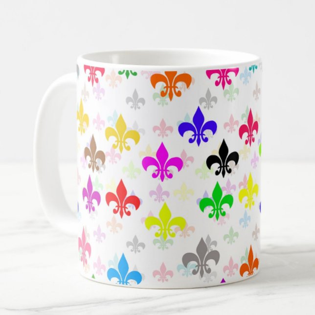 White Colourful Fleur-de-lis Pattern Design Coffee Mug (Creator Uploaded)