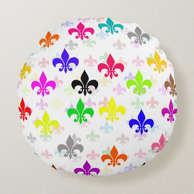 White Colourful Fleur-de-lis Pattern Design Round Cushion (Front)