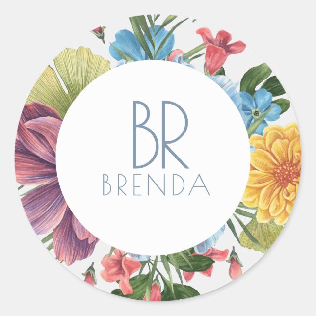 White & Colourful Flowers Bouquet Monogram Classic Round Sticker (Front)