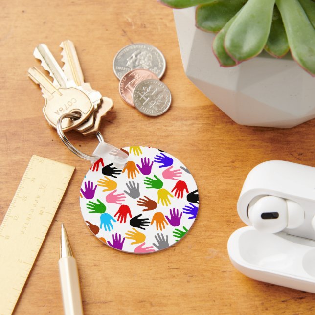 White Colourful Handprint Pattern Design  Key Ring (Desk)