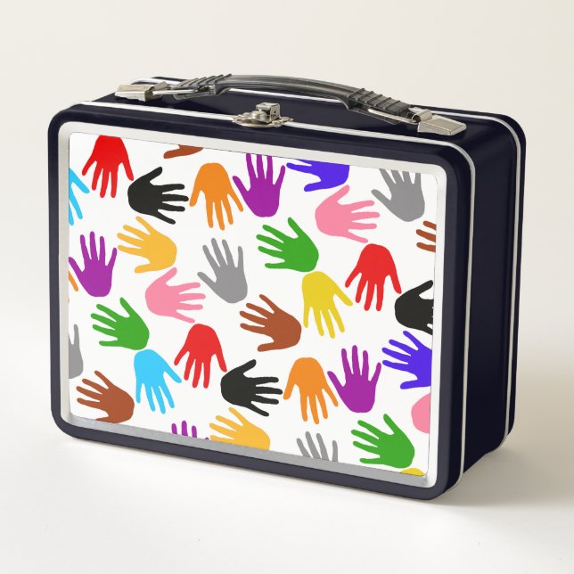 White Colourful Handprint Pattern Design  Metal Lunch Box (Front)