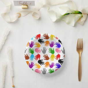 White Colourful Handprint Pattern Design  Paper Plate