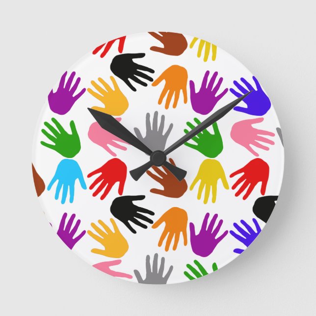 White Colourful Handprint Pattern Design  Round Clock (Front)