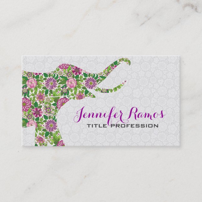 White & Colourful Retro Floral Elephant 2a Business Card (Front)