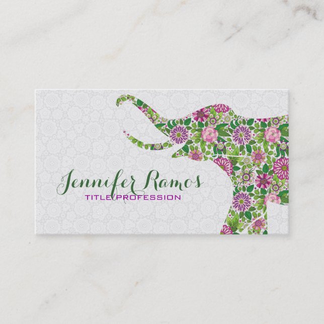 White & Colourful Retro Floral Elephant Business Card (Front)