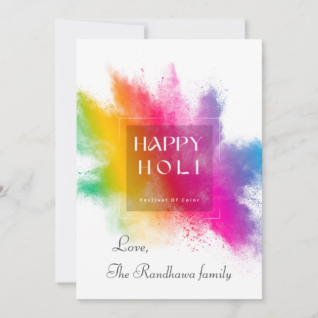 White & colourful splatter with Happy Holi message Holiday Card (Front)