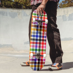 White Colourful Twill Plaid Tartan Design Skateboard
