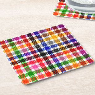 White Colourful Twill Plaid Tartan Design Square Paper Coaster