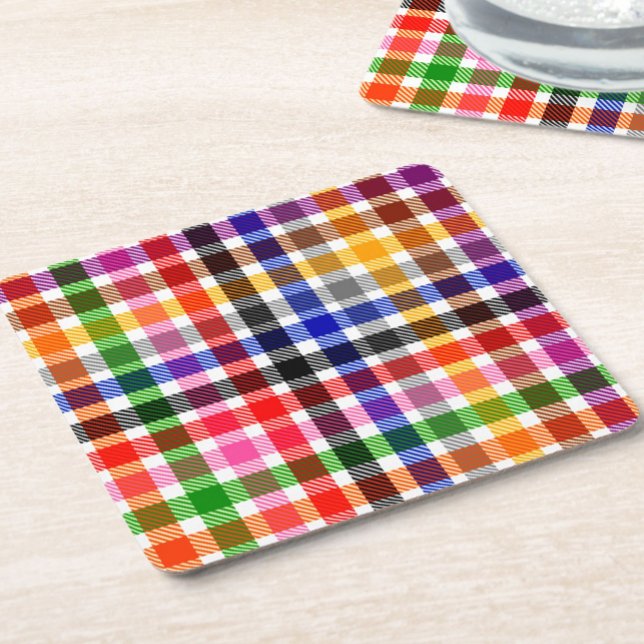 White Colourful Twill Plaid Tartan Design  Square Paper Coaster (Creator Uploaded)