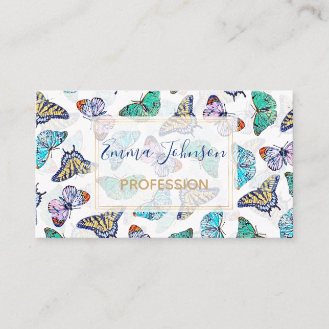 White Colourful Watercolor Butterflies Business Card (Front)