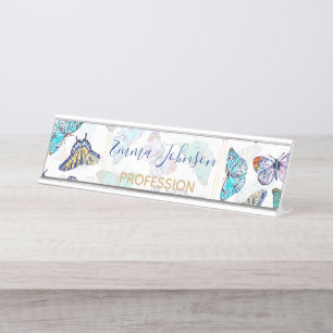 White Colourful Watercolor Butterflies Desk Name Plate