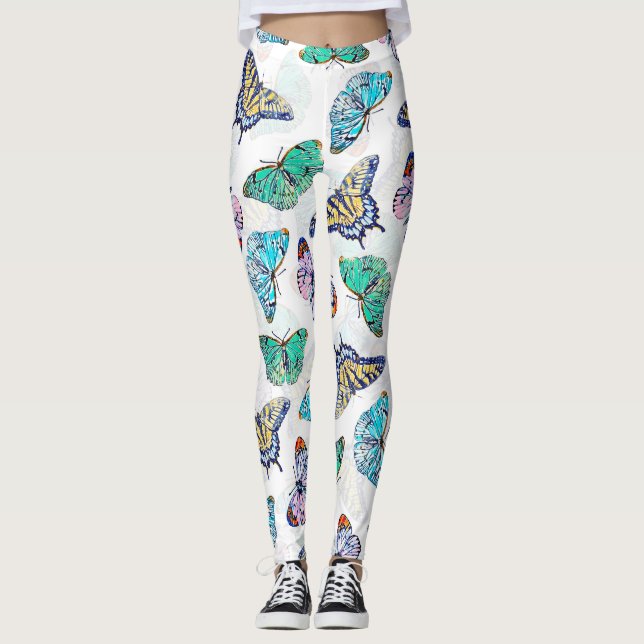 White Colourful Watercolor Butterflies Leggings (Front)