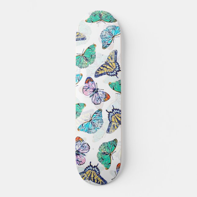 White Colourful Watercolor Butterflies Skateboard (Front)