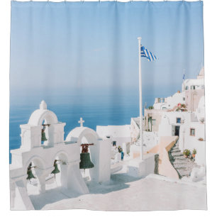 White concrete building near body of water in the  shower curtain