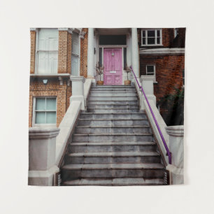 WHITE CONCRETE HOUSE SHOWING CLOSED PURPLE WOODEN TAPESTRY