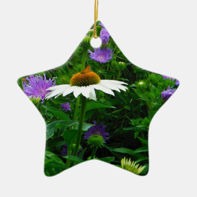 White Cone flower, purple flowers and moth Ceramic Tree Decoration (Front)