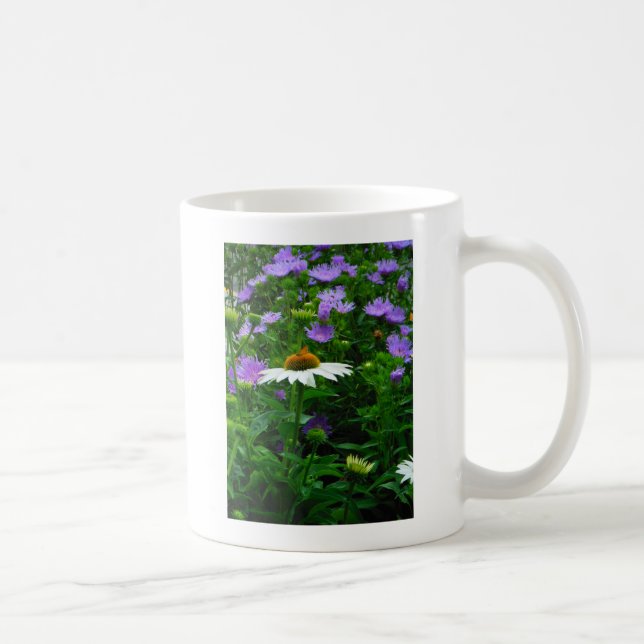 White Cone flower, purple flowers and moth Coffee Mug (Right)