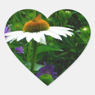 White Cone flower, purple flowers and moth Heart Sticker