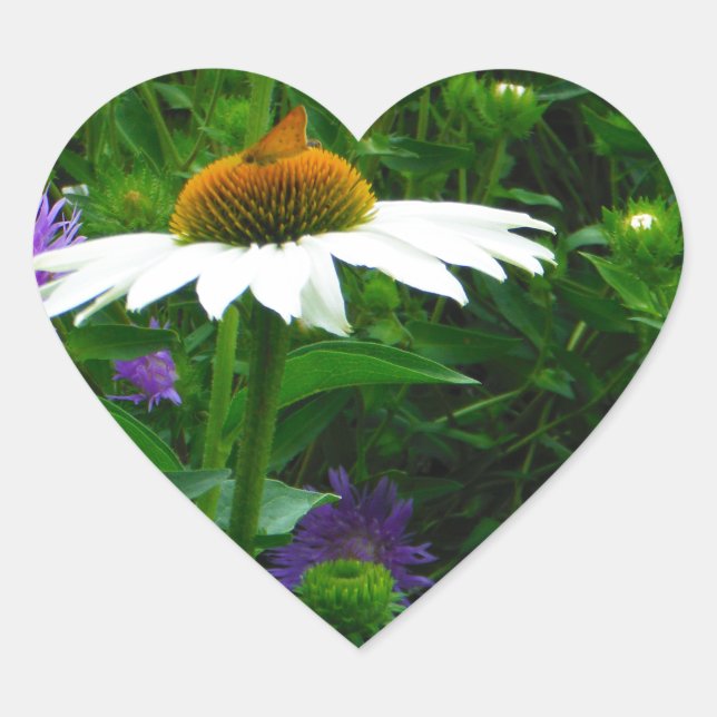 White Cone flower, purple flowers and moth Heart Sticker (Front)