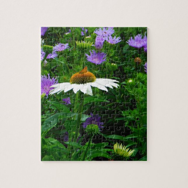 White Cone flower, purple flowers and moth Jigsaw Puzzle (Vertical)