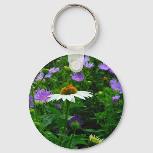 White Cone flower, purple flowers and moth Key Ring