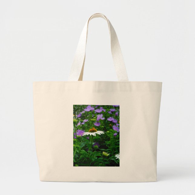 White Cone flower, purple flowers and moth Large Tote Bag (Front)