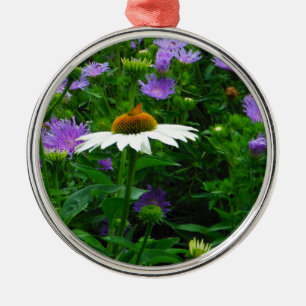 White Cone flower, purple flowers and moth Metal Tree Decoration