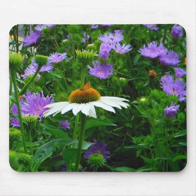 White Cone flower, purple flowers and moth Mouse Mat (Front)