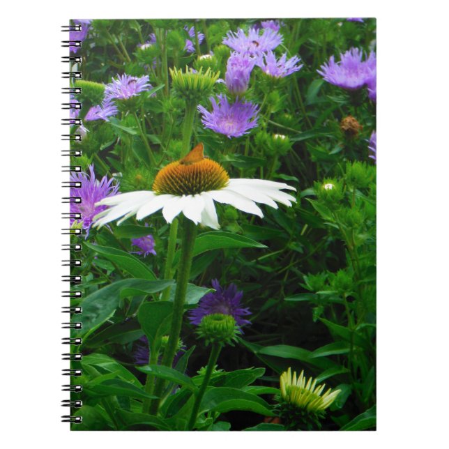 White Cone flower, purple flowers and moth Notebook (Front)