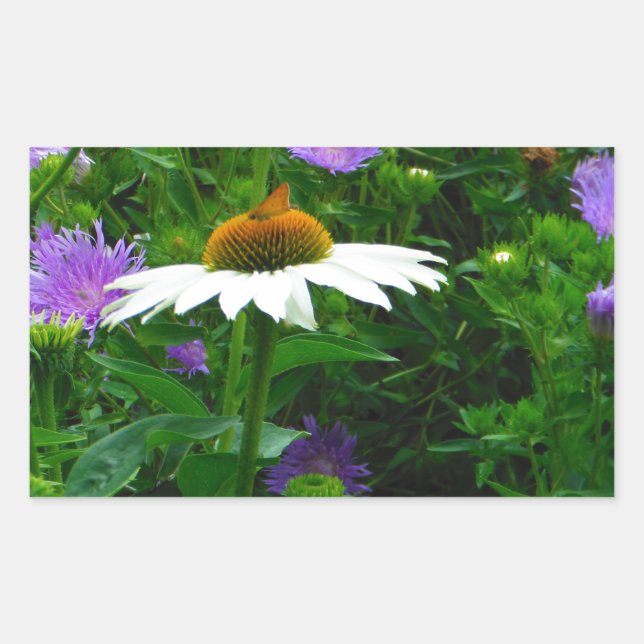 White Cone flower, purple flowers and moth Rectangular Sticker (Front)