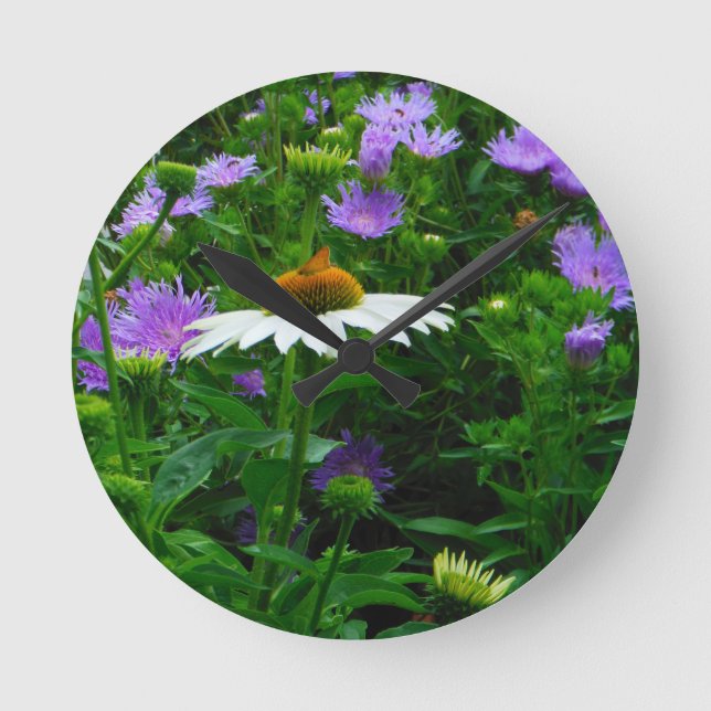 White Cone flower, purple flowers and moth Round Clock (Front)
