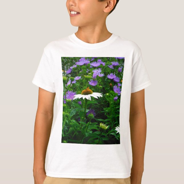 White Cone flower, purple flowers and moth T-Shirt (Front)