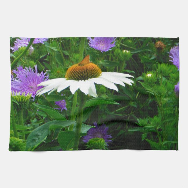 White Cone flower, purple flowers and moth Tea Towel (Horizontal)