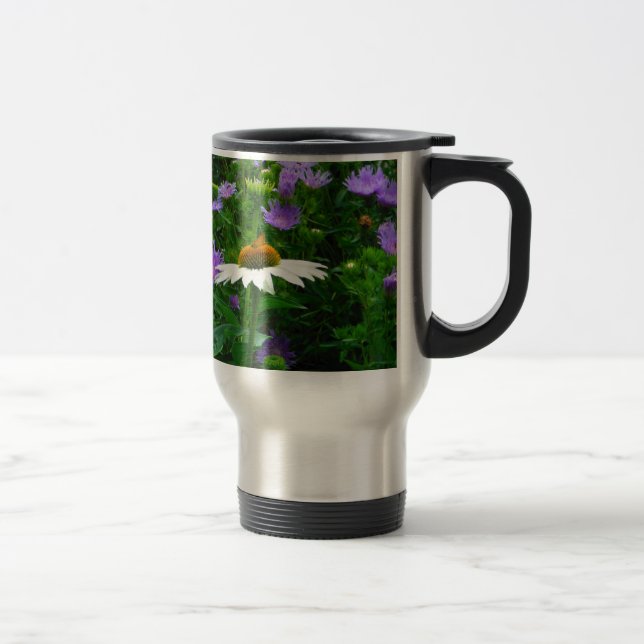 White Cone flower, purple flowers and moth Travel Mug (Right)