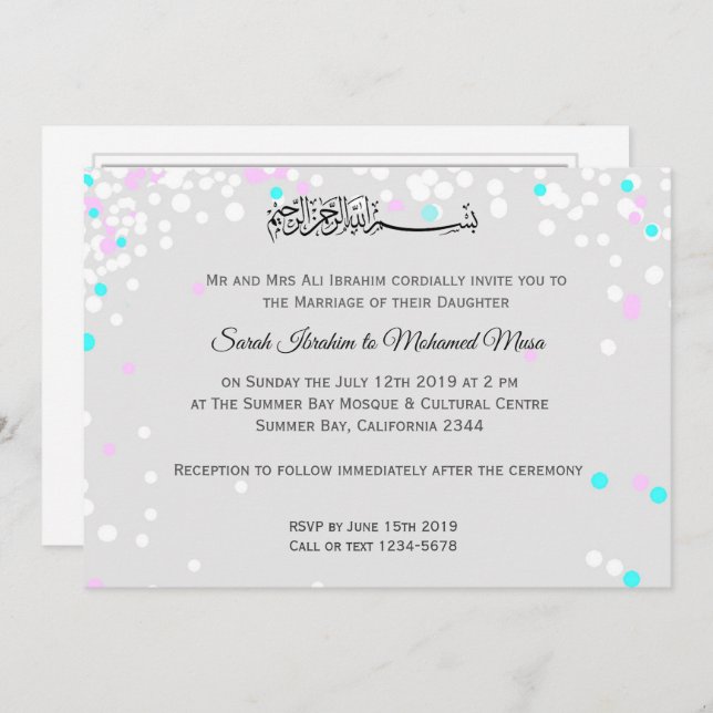 White confetti Muslim wedding Invitation (Front/Back)