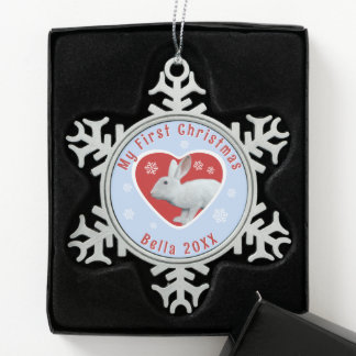 White Continental Giant Rabbit First Christmas Cus Snowflake Pewter Christmas Ornament