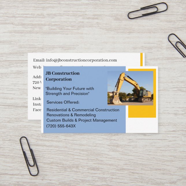 White  Contractor Yellow Construction  Bulldozer  Business Card (Front/Back In Situ)