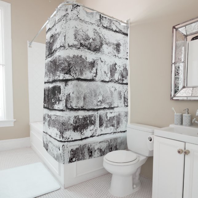 White Contrast Industrial Rustic Brick Texture Shower Curtain (In Situ)