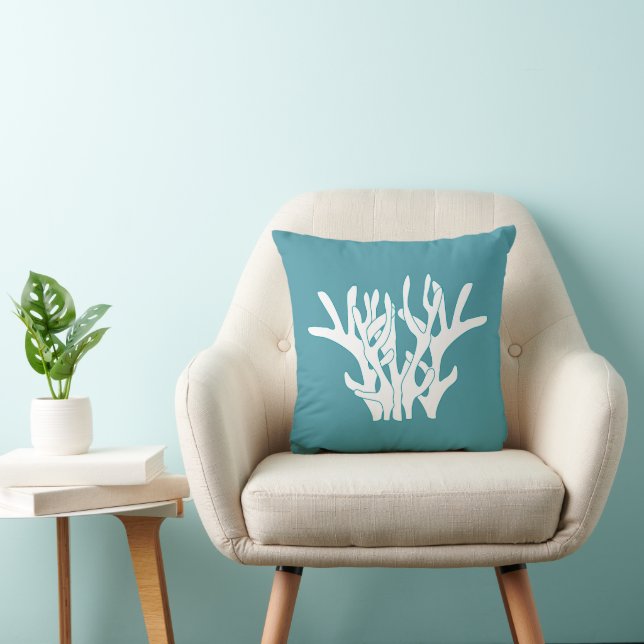 White Coral Branch Cyan Throw Pillow (Chair)