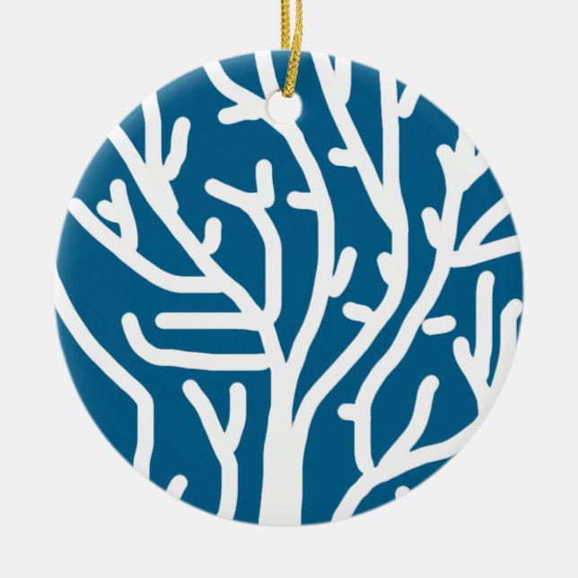 White coral on blue aquatic life ceramic tree decoration (Front)