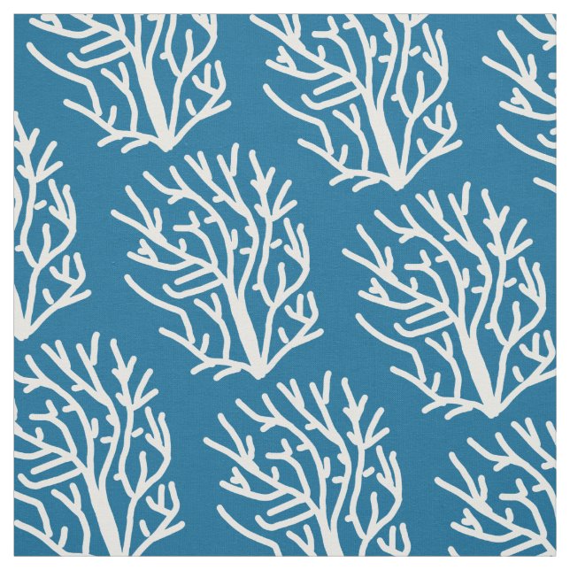 White coral on blue aquatic life fabric (Swatch)
